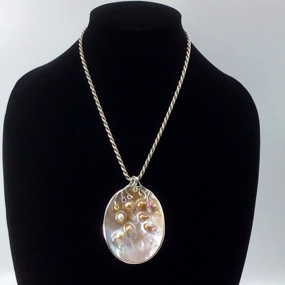 Sterling Silver Mother Of Pearl Large Pendant 3”